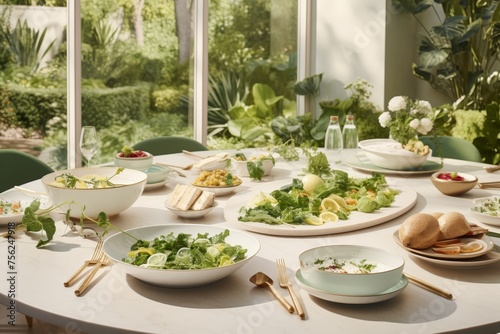 Lively table setting. light linen, delightful microgreens, and an array of colorful dishes