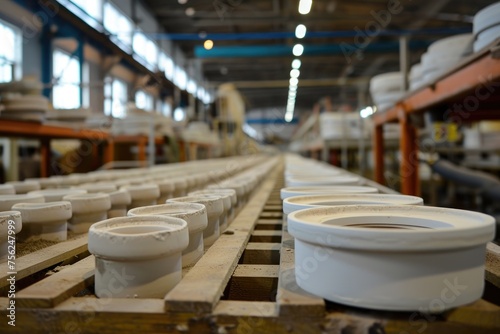 Ceramic electrical insulators in the warehouse of the manufacturer's factory. High voltage equipment for power plants. © photolas