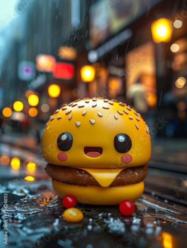 Toy Hamburger on Rainy Street