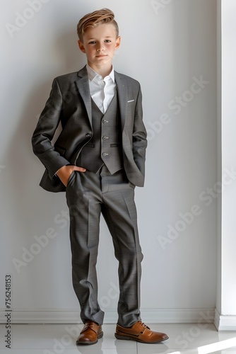 Young Boy in Elegant Grey Suit Poses Confidently for Portrait, To provide a high-quality and stylish stock photo of a young boy dressed in formal