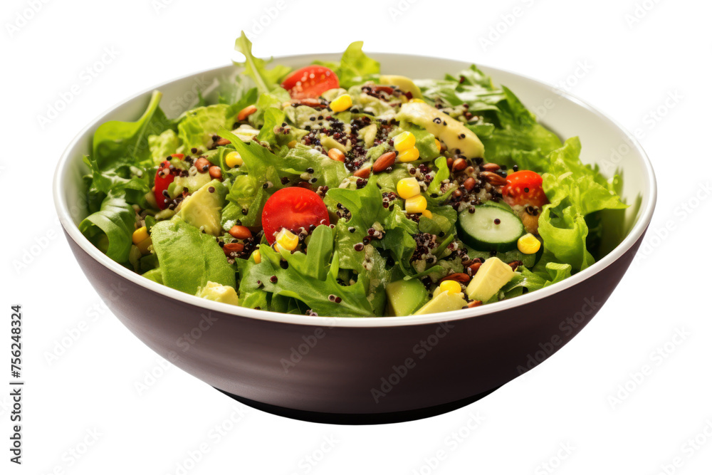 Fresh vegetable salad with whole grains such as quinoa, black beans, corn and sunflower seeds, isolated on transparent background.