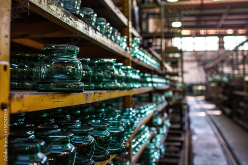 Glass electrical insulators in stock of the manufacturer's plant. Stacks of high voltage equipment for power plants.