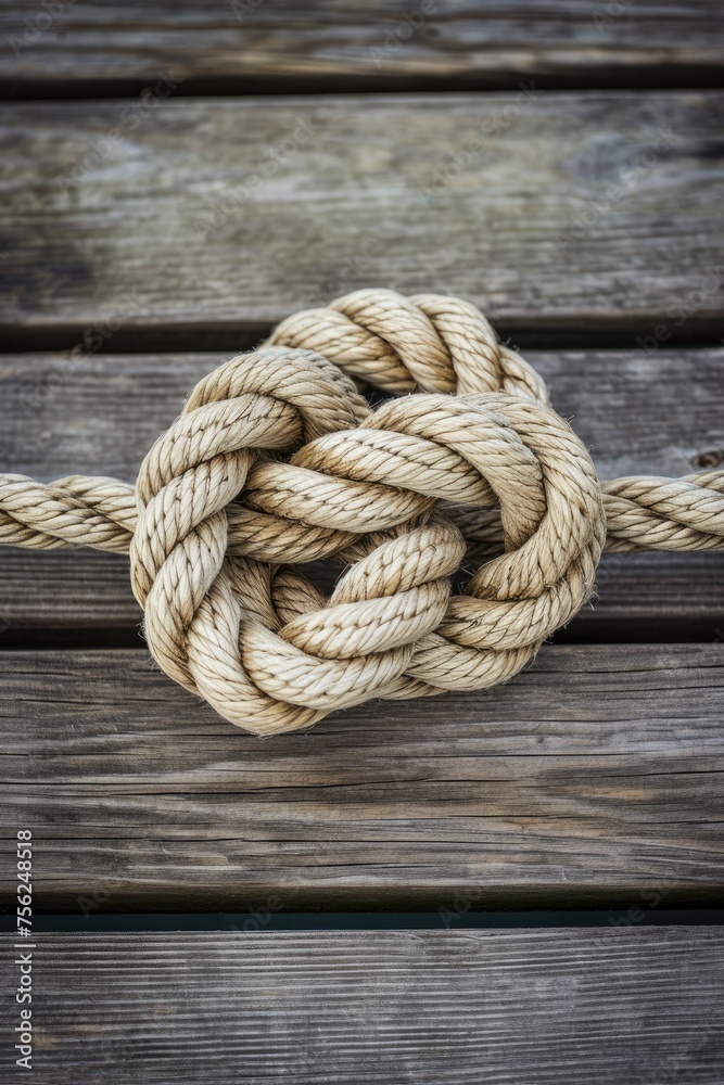 A knot of nautical rope on the wooden deck of a ship. An old mooring rope is tangled into a secure knot.