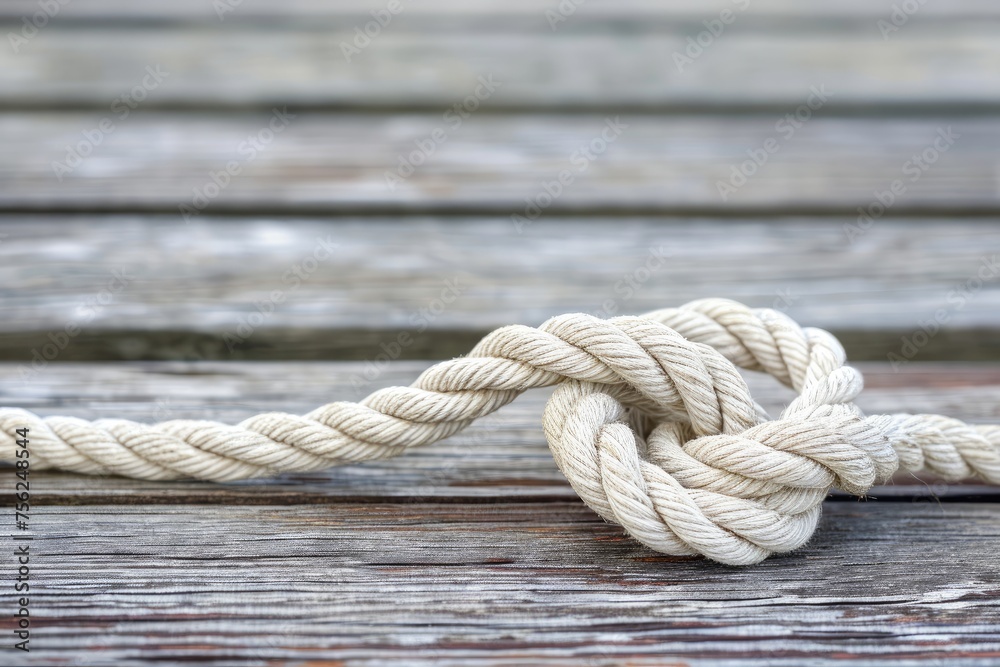 A knot of nautical rope on the wooden deck of a ship. An old mooring rope is tangled into a secure knot.