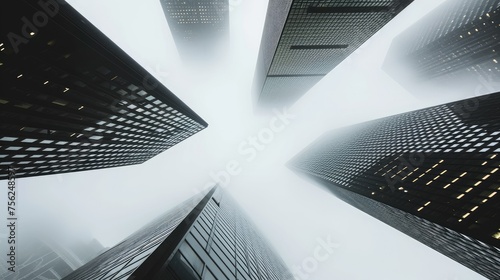 Minimalistic dark skyscrapers go skyward and disappear into the clouds. View from below  tall buildings in fog  monochrome cityscape.