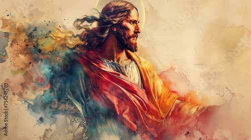 Jesus Christ with crown of thorns and colorful watercolor splashes