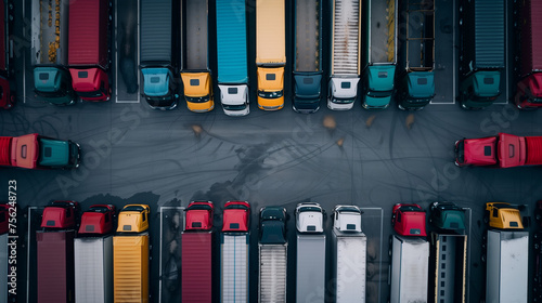 aerial view of trucks in the parking lot of logistics company, shipping business concept, transportation industry 