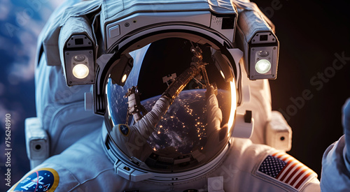 Close-up of an astronaut floating outside a spaceship with Earth in the background.

