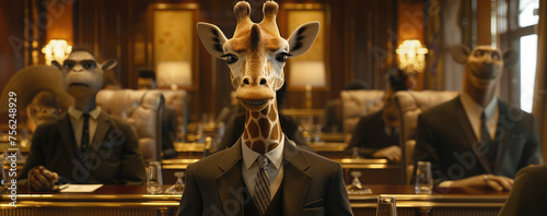 Suit jacket-wearing giraffe in a sparse meeting setup cool tones © Pungu x