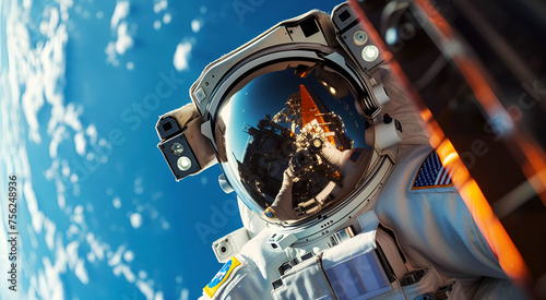 Close-up of an astronaut floating outside a spaceship with Earth in the background.
