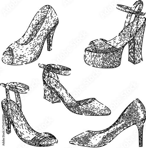 high heel shoes set hand drawn. shoe shop, line red, stroke vector high heel shoes vector sketch. isolated black illustration
