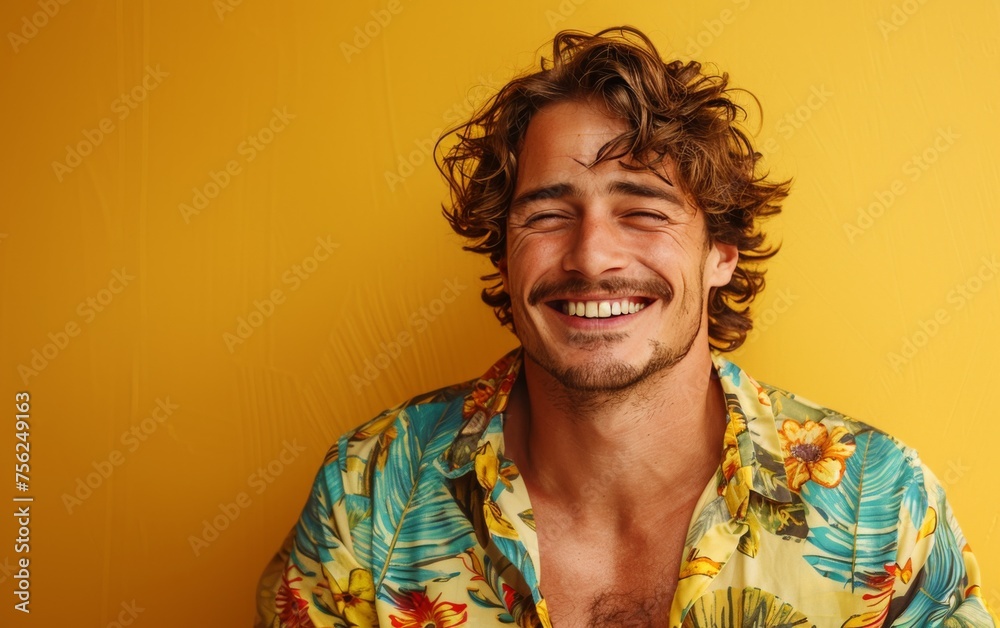 Smiling Man With Long Curly Hair Wearing a Shirt Smiling Man With Long Curly Hair Wearing a Shirt