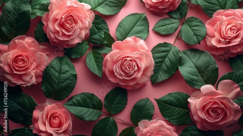 Pink Roses and Green Leaves Illustration on White Background Generative AI