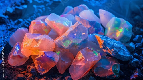 From above small raw opal stones placed in one pile under blue and pink light  photo