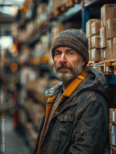 Man With Beard and Hat Standing in Warehouse © jiawei