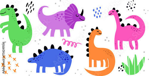 Fototapeta Naklejka Na Ścianę i Meble -  Dinosaurs vector elements and shapes. Cute dinosaurs for kids print. Isolated white background.