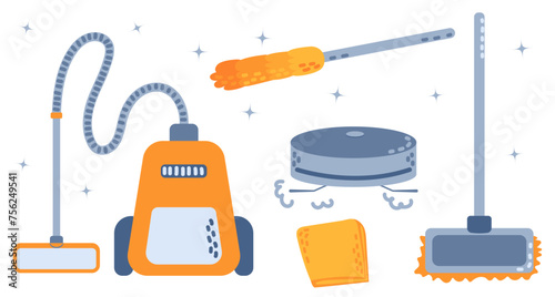 Spring Cleaning icons, flat style. House cleaning products and tools