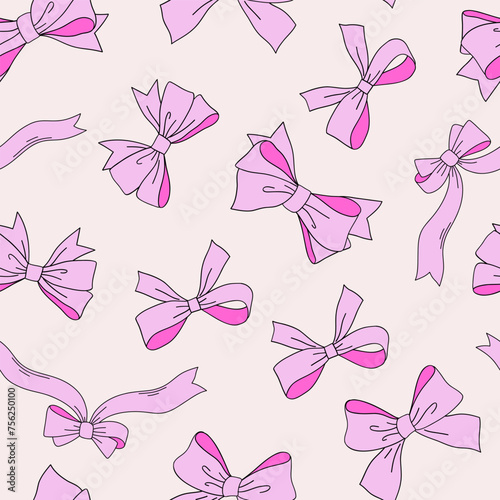 Retro Coquette Cute Preppy Pink Girly Ribbon Bow vector seamless pattern. Hand drawn linear girlish accessories background. 