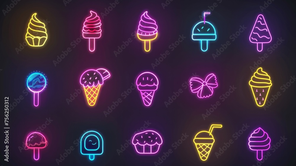 Ice cream dusk style neon icon. Elements of birthday set. Simple icon for websites, web design, mobile app, info graphics  - obrazy, fototapety, plakaty 