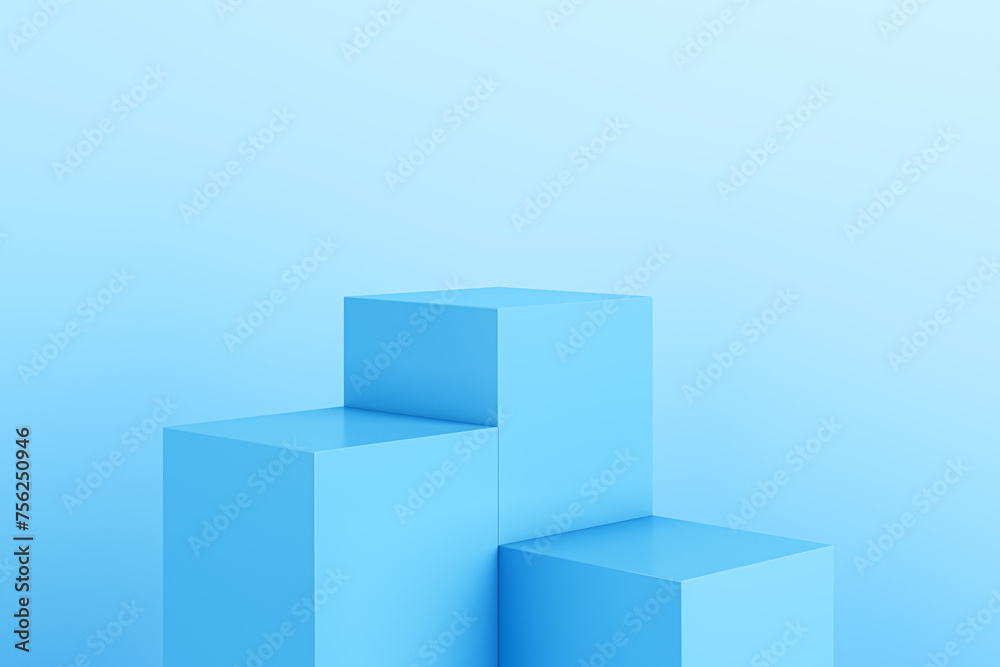 Blue geometric block pedestal on light background with mock up place. 3D Rendering. Blue geometric block pedestal on light background with mock up place. 3D Rendering.