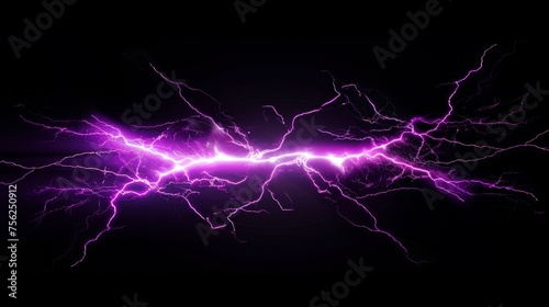 Isolated violet electrical lightning strike visual effect on black background. 