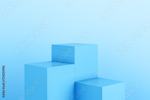 Blue geometric block pedestal on light background with mock up place. 3D Rendering.