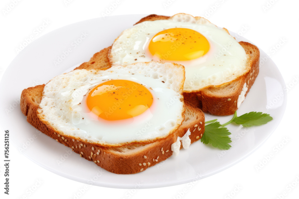Fried eggs, runny yolk. On whole wheat bread. Sprinkle with salt and pepper. bright orange yolk Contrast with the green color of coriander. Served on wooden plate isolated on transparent background. Fried eggs, runny yolk. On whole wheat bread. Sprinkle with salt and pepper. bright orange yolk Contrast with the green color of coriander. Served on wooden plate isolated on transparent background.