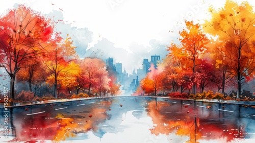 Autumn City Street Scene Watercolor Painting Generative AI