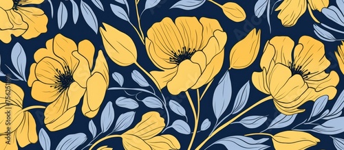 Repeat floral pattern in yellow with bold navy outlines. A stylish design for interior decor in three colors  perfect for summer with vibrant golden shades.