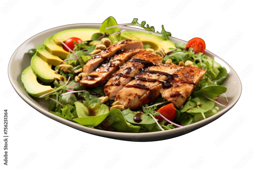 Avocado salad with meat like grilled chicken breast or smoked salmon. Topped with balsamic salad dressing. Focus on deliciousness Isolated on a transparent background.