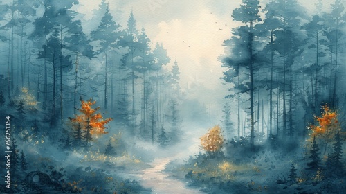 Tranquil Watercolor Forest Landscape Art Illustration Generative AI