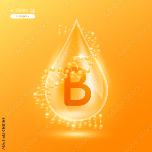 Orange vitamin B surrounded by DNA. Water drop serum collagen solution moisturizer hyaluronic acid vitamins complex from nature essential skin care. For ads cosmetics cream lotion. Vector EPS10.