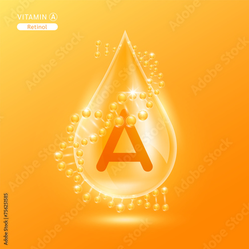 Orange vitamin D surrounded by DNA. Water drop serum collagen solution moisturizer hyaluronic acid vitamins complex from nature essential skin care. For ads cosmetics cream lotion. Vector EPS10.