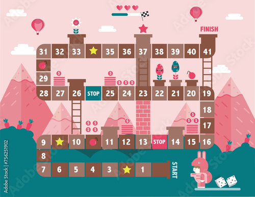 World tour board game template,Funny frame, ladders game, Game for Happy Easter day,rabbit.Vector illustrations.