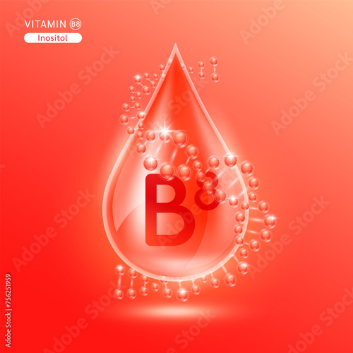 Red vitamin B8 surrounded by DNA. Water drop serum collagen solution moisturizer hyaluronic acid vitamins complex from nature essential skin care. For ads cosmetics cream lotion. Vector EPS10.