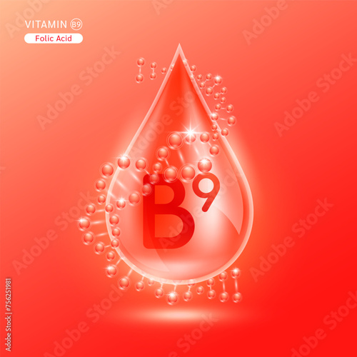 Red vitamin B9 surrounded by DNA. Water drop serum collagen solution moisturizer hyaluronic acid vitamins complex from nature essential skin care. For ads cosmetics cream lotion. Vector EPS10.