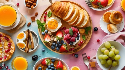 Delicious breakfast spread on a table, featuring croissants, fruits, and eggs. perfect for food blogs and menu designs. bright, colorful morning meal setup. AI