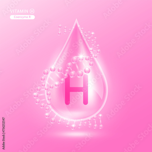 Pink vitamin H surrounded by DNA. Water drop serum collagen solution moisturizer hyaluronic acid vitamins complex from nature essential skin care. For ads cosmetics cream lotion. Vector EPS10.