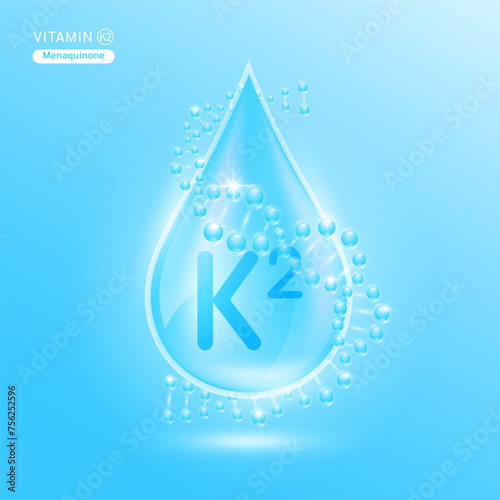 Blue vitamin K2 surrounded by DNA. Water drop serum collagen solution moisturizer hyaluronic acid vitamins complex from nature essential skin care. For ads cosmetics cream lotion. Vector EPS10.