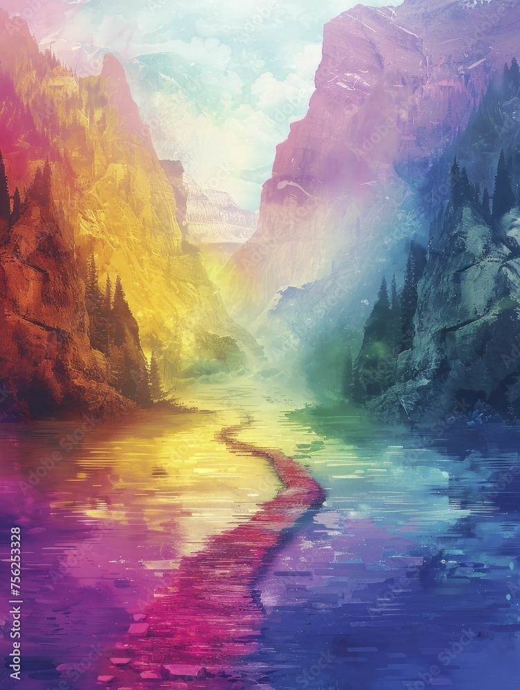 A rainbow bridge over a soft-hued river unites hearts and minds, fostering empathy and solidarity in a harmonious setting.