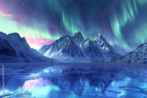 Glowing Mountains and Frozen Lakes A Stunning Aurora Display in December Generative AI © Satyam