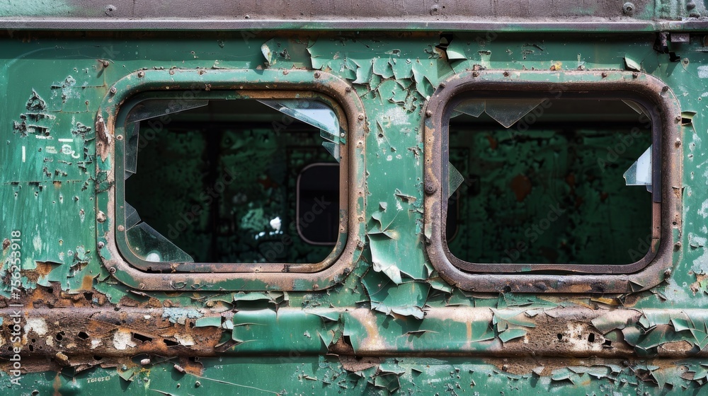 Old broken green train window 