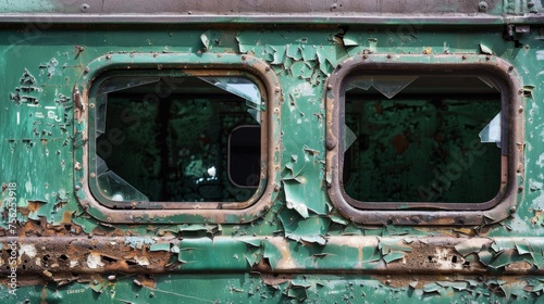 Old broken green train window 