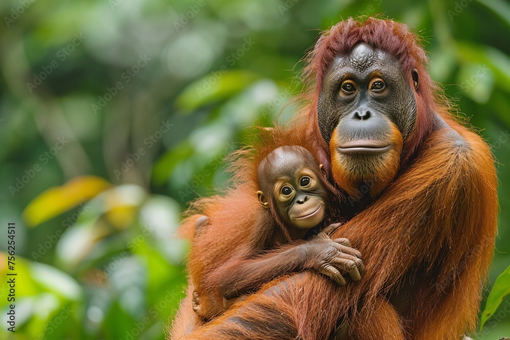 Fototapeta premium Mom and Baby Orangutan Hugging in the Jungle Generative AI