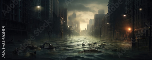Extreme rainfall in dark city.  Flood with high water disaster. climate theme © amazingfotommm