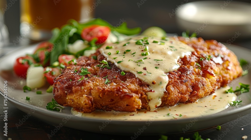 Chicken fried steak on a white plate dark background Chicken fried steak on a white plate dark background