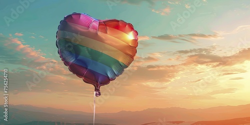 A colorful heart-shaped balloon glides gracefully through the sky, transitioning between pride flag hues, symbolizing love's ascent in pastel skies.