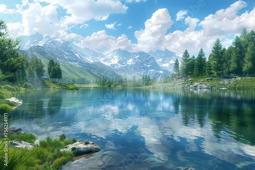 A serene mountain lake scene with a touch of summer vibe Generative AI