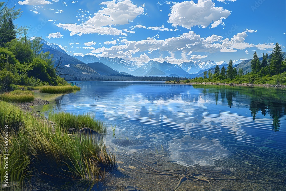 A serene mountain lake under a cloudy blue sky Generative AI