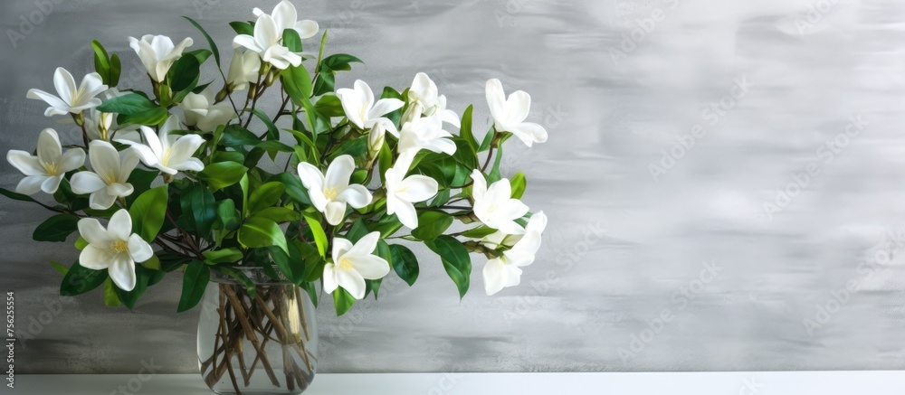 Beautiful jasmine flowers in glass vase near white brick wall indoors. Beautiful jasmine flowers in glass vase near white brick wall indoors.
